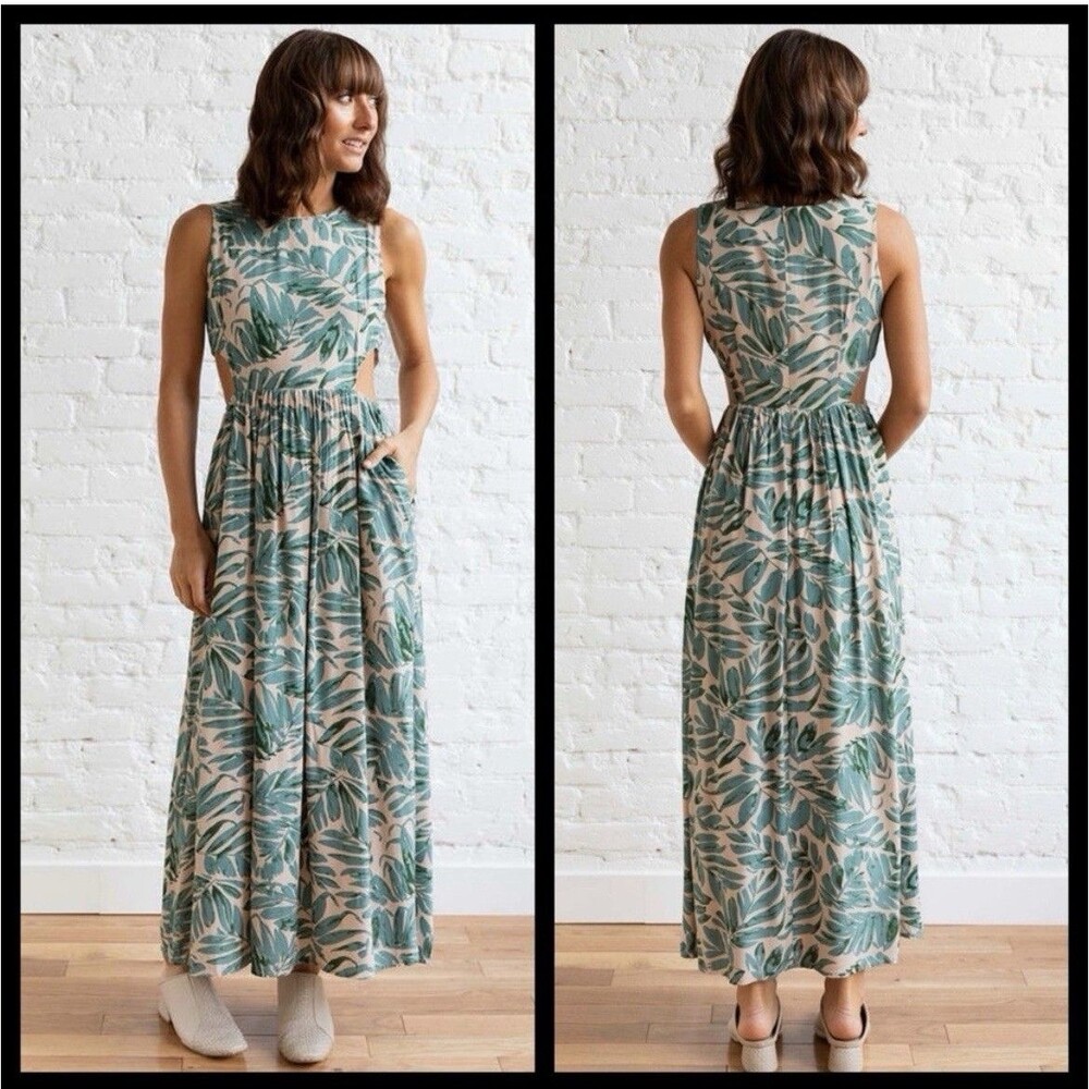 Miou Muse Tropical Leaf Cut Out Maxi Dress Blush Pink Teal Green Pockets *FLAW*